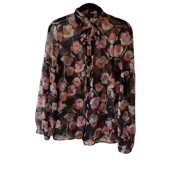 Who What Wear Black and Pink Floral Sheer Button Up with Tie Neck Dark Romantic - Picture 1 of 6